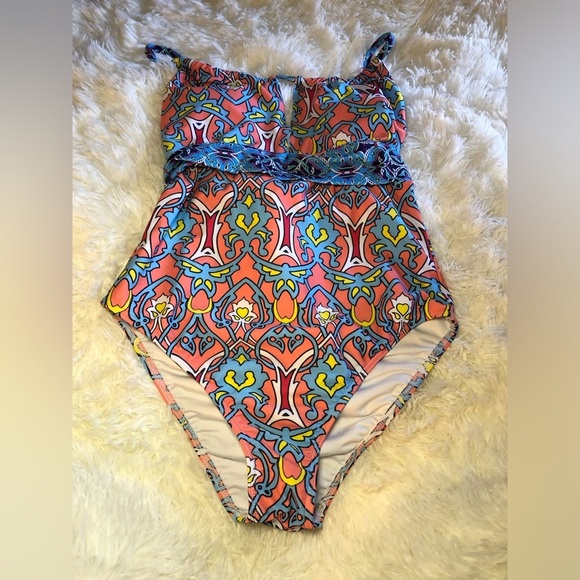 VENUS Blue and Pink One Piece Swimsuit with Decorative Waist Tie - Picture 12 of 14